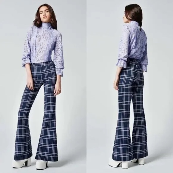 NEW Smythe Cotton Wool Mid Rise Plaid Bootcut Trouser Pants in Navy Lilac Grid - Picture 1 of 9